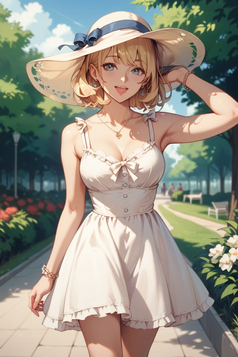 blonde woman cheerful sundress in a park