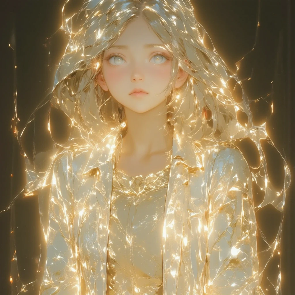 A close-up, highly detailed photo of an East Asian daikon wearing an ethereal robe that glows and shines with intricate designs. The robe features an inverted color palette with luminous, glowing lines and outlines that radiate an otherworldly brilliance. The garment is adorned with countless gold Gothic-style embroideries along the edges, creating an astonishingly intricate pattern that contrasts beautifully with the glowing elements. Her expression is striking and deeply emotive, her eyes captivating and full of mystery. The light and shadow interplay adds depth, with soft highlights emphasizing the delicate textures of the robe and her features. The surrounding atmosphere feels magical, as the glowing patterns on the robe seem to illuminate the space around her. The lighting enhances the glow of her attire, casting subtle reflections and creating a dreamlike ambiance. Each thread and detail of the embroidery is meticulously crafted, adding a regal and mystical quality to her appearance. The balance between shadowed contours and radiant highlights brings her face and the robe to life, immersing the viewer in an enchanting scene that feels both surreal and extraordinarily vivid.