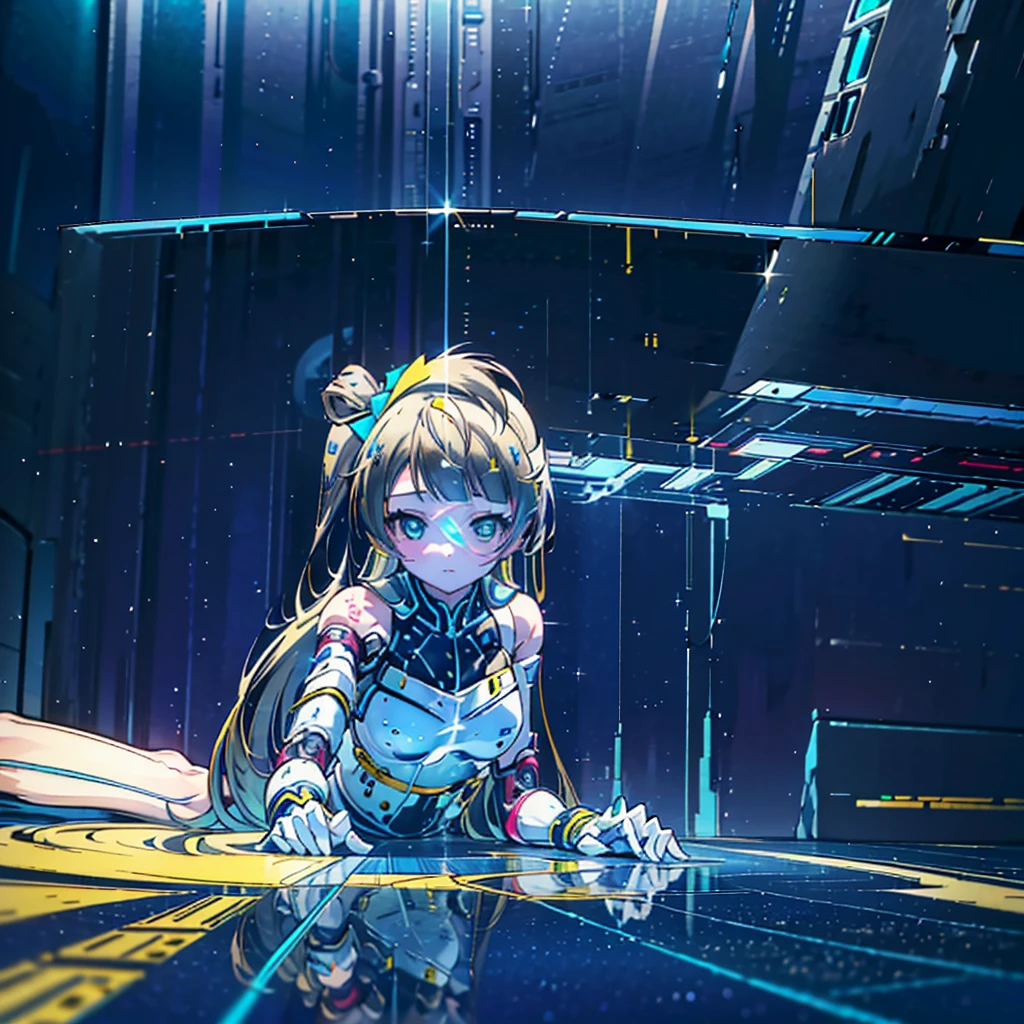 Top quality. High quality. Modification surgery. Lying on her back on the operating table. Kotori Minami being made into a cyborg with a machine body. Blue and white precision machine body. Her whole body is visible. Image from above.