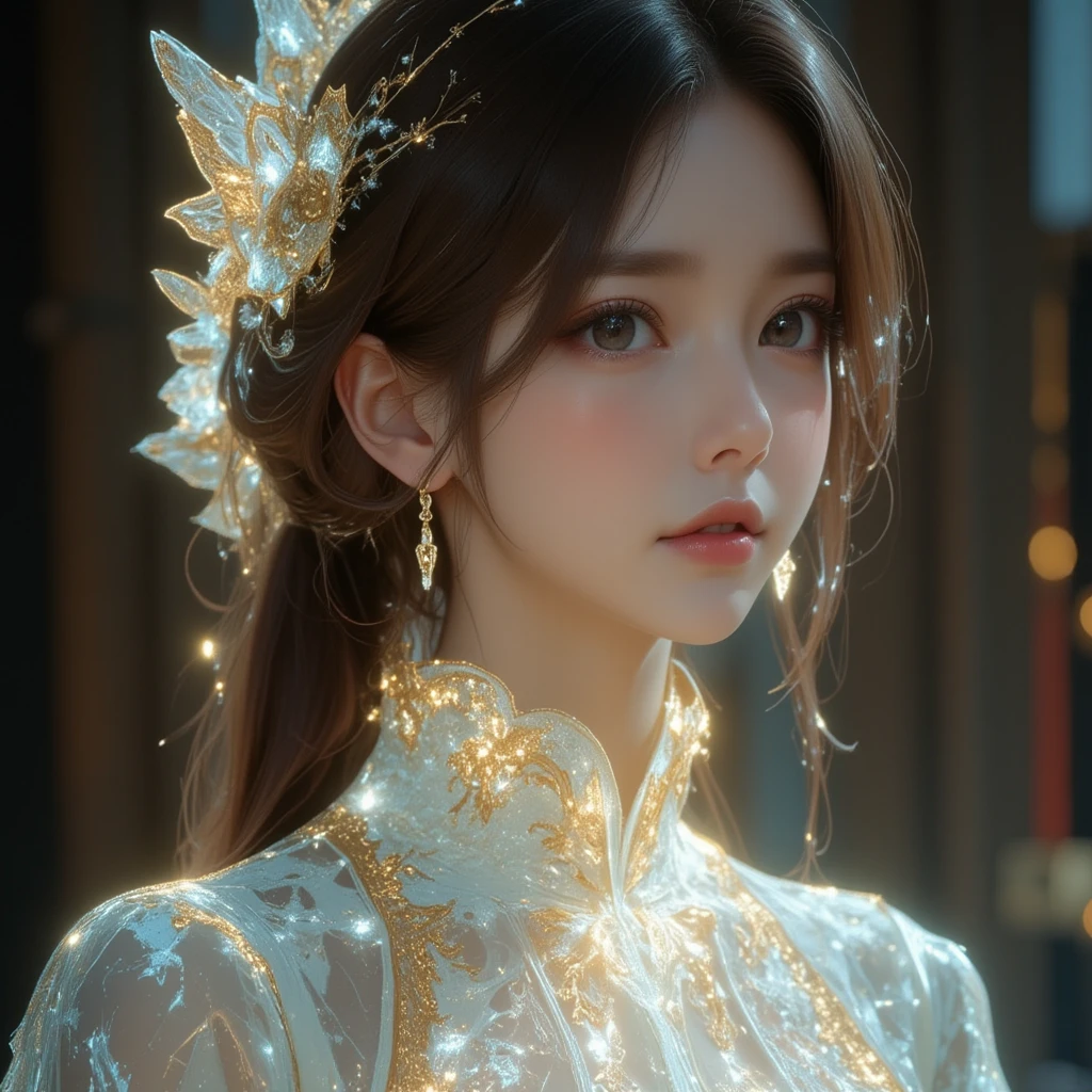 A extra close-up, highly detailed photo of an East Asian woman wearing an ethereal robe that glows and shines with intricate designs. The robe features an inverted color palette with luminous, glowing lines and outlines that radiate an otherworldly brilliance. The garment is adorned with countless gold Gothic-style embroideries along the edges, creating an astonishingly intricate pattern that contrasts beautifully with the glowing elements. Her expression is striking and deeply emotive, her eyes captivating and full of mystery. The light and shadow interplay adds depth, with soft highlights emphasizing the delicate textures of the robe and her features. The surrounding atmosphere feels magical, as the glowing patterns on the robe seem to illuminate the space around her. The lighting enhances the glow of her attire, casting subtle reflections and creating a dreamlike ambiance. Each thread and detail of the embroidery is meticulously crafted, adding a regal and mystical quality to her appearance. The balance between shadowed contours and radiant highlights brings her face and the robe to life, immersing the viewer in an enchanting scene that feels both surreal and extraordinarily vivid.