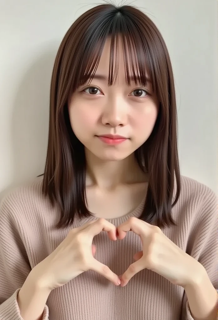  from a front view of her whole body is cute,  shirt,  make a heart with both hands, Hold it in front of your chest , View above the collarbone、 










