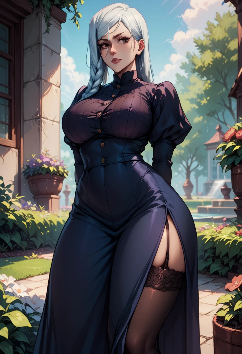 Mei Mei from the anime jujutsu kaisen, big breasts, big butt, standing in a garden, long white hair, plaited hair covering the left part of her face, front view, garter belt and stockings, long skirt slit on both sides showing her thighs, hands behind her back