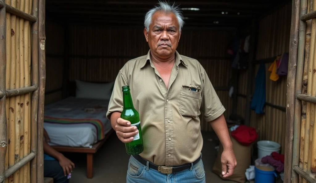 ((ultra-realistic photo)) [A 50-year-old Indonesian man with a stern, sharp gaze stands angrily in front of a simple bamboo-walled room. His expression is intense, his posture rigid, as he tightly grips a green bottle in his right hand. He has a stocky build, with visible signs of age such as white hair and a weathered face. He wears a worn-out shirt with faint stains and dirty blue jeans, adding to his rugged appearance. Behind him, the room is in disarray, with scattered clothes, personal items, and a messy bed. The walls are woven from bamboo, reflecting the modest and rustic nature of the space. The dim lighting of the room enhances the dramatic atmosphere, with shadows cast on the walls and floor. The composition is captured in a medium-wide shot, rendered in ((8K HDR)), with detailed focus on the man's angry expression, the green bottle, and the intricate textures of the bamboo walls and cluttered room.]