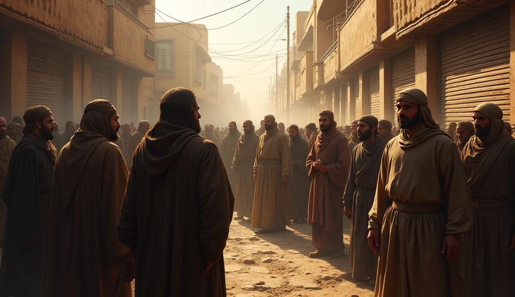 "A bustling marketplace in Jerusalem, where news of Lazarus' resurrection spreads like wildfire among the crowd. People from all walks of life gather in awe and wonder, discussing the miraculous event. In the center, Jesus stands surrounded by believers and skeptics alike, his presence symbolizing the profound truth of his authority over death and the promise of resurrection for all believers."