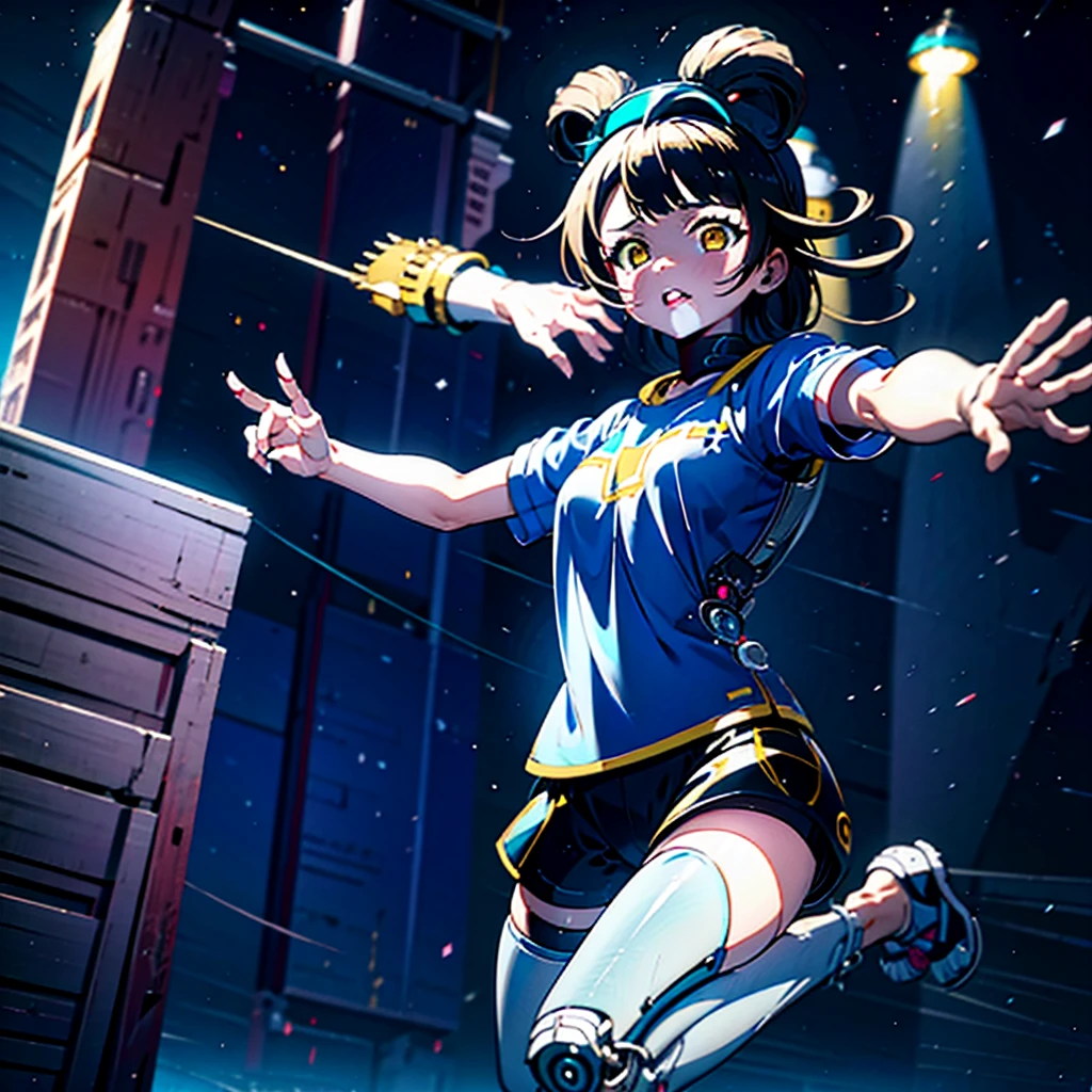 Top quality. High quality. Modification surgery. Lying on her back on the operating table. Kotori Minami being made into a cyborg with a machine body. Blue and white precision machine body. Her whole body is visible. Image from above.