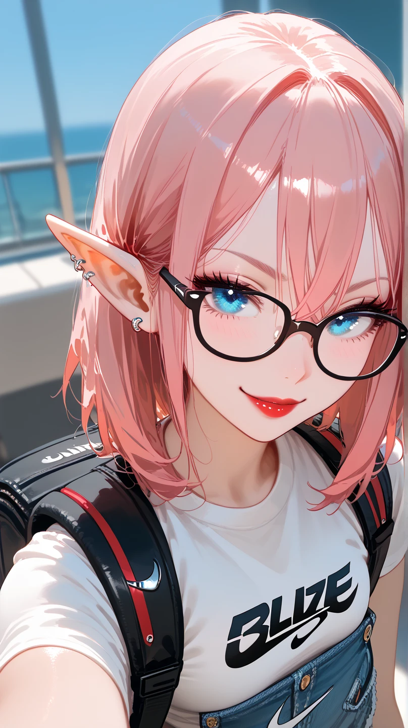 1girl, HD, High Quality, Accurate, Best Quality, Pink Hair, Hair Between Eyes, Hair Behind Ear, medium hair,elf ears,bleu eyes,Naughty Face, small breast, white nike logo top, jeans,light blush, piercing ears,black eyeliner, red lipstick,glasses,backpack,top bidy on picture,silver necklese, 