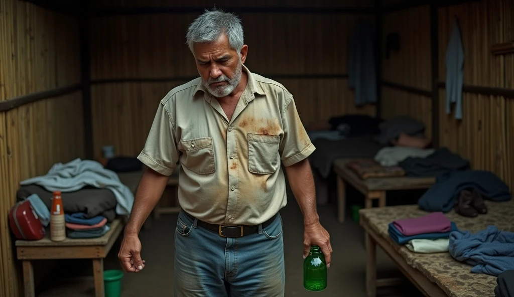 ((ultra-realistic photo)) [A 50-year-old Indonesian man with a stern, sharp gaze stands angrily in front of a simple bamboo-walled room. His expression is intense, his posture rigid, as he tightly grips a green bottle in his right hand. He has a stocky build, with visible signs of age such as white hair and a weathered face. He wears a worn-out shirt with faint stains and dirty blue jeans, adding to his rugged appearance. Behind him, the room is in disarray, with scattered clothes, personal items, and a messy bed. The walls are woven from bamboo, reflecting the modest and rustic nature of the space. The dim lighting of the room enhances the dramatic atmosphere, with shadows cast on the walls and floor. The composition is captured in a medium-wide shot, rendered in ((8K HDR)), with detailed focus on the man's angry expression, the green bottle, and the intricate textures of the bamboo walls and cluttered room.]