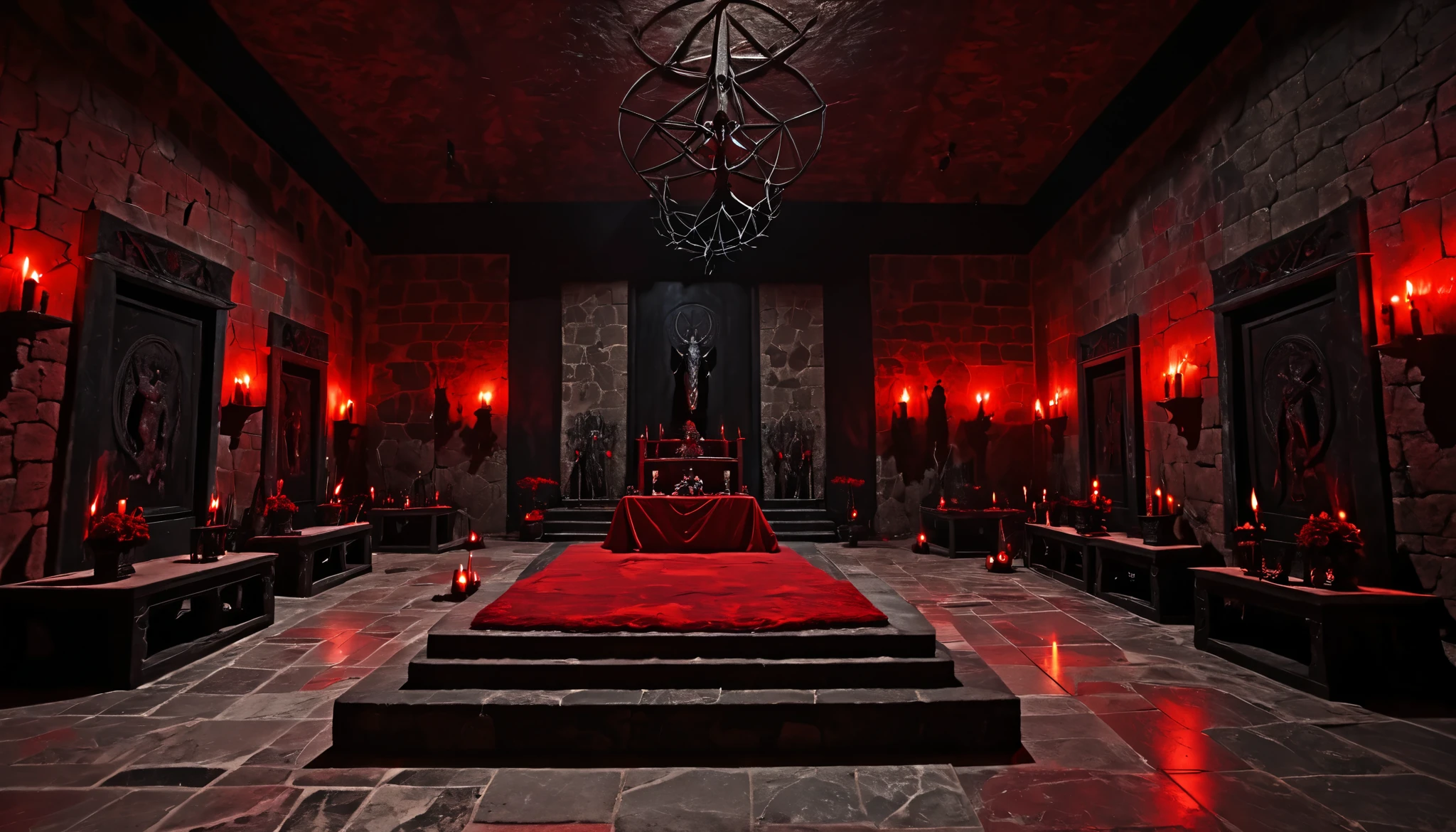 Rustic stone hall with altar for sacrifices to the demon Baphomet, people in black suits and women in red dresses and masks, lots of blood, little light, scary.