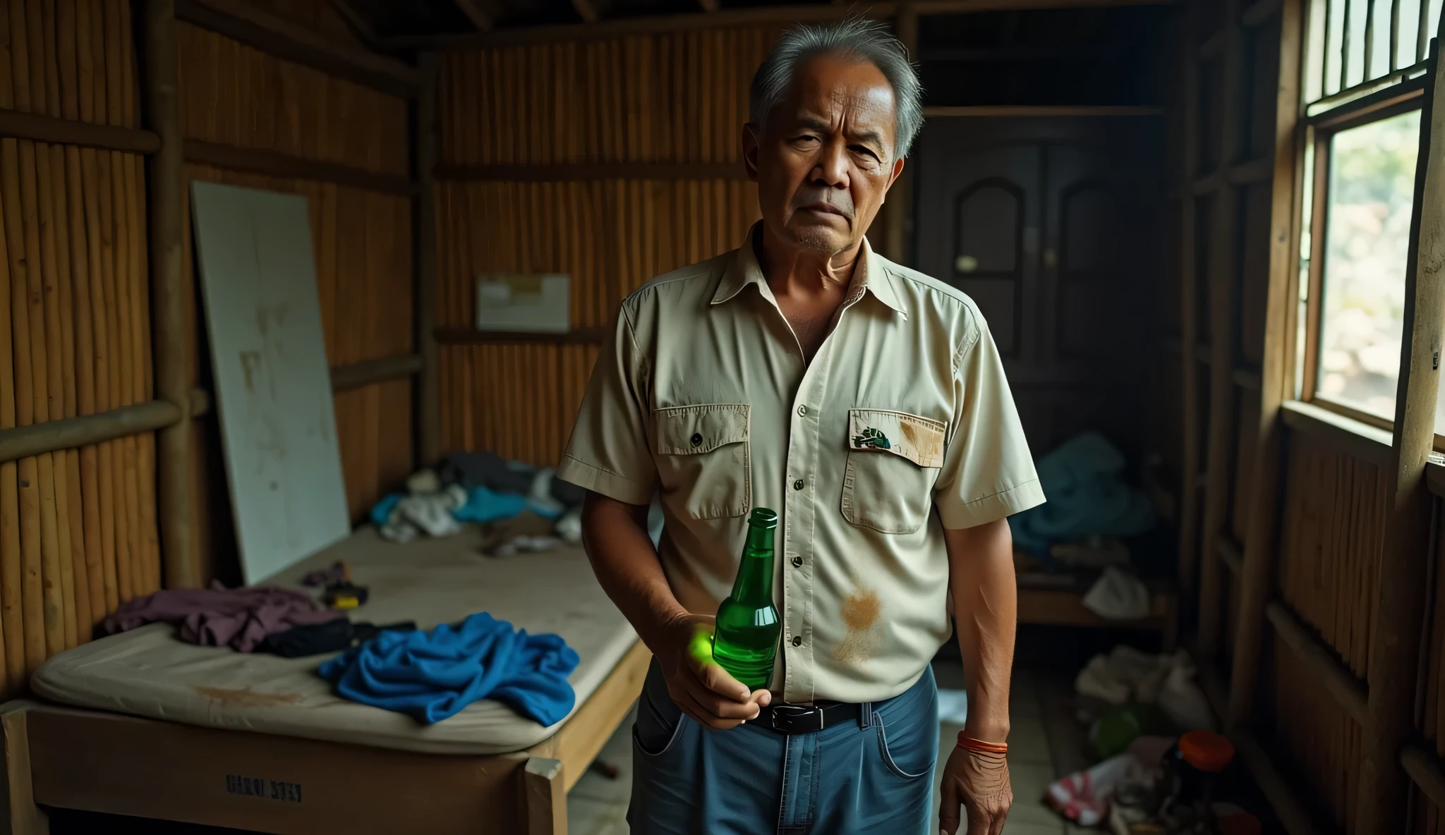 ((ultra-realistic photo)) [A 50-year-old Indonesian man with a stern, sharp gaze stands angrily in front of a simple bamboo-walled room. His expression is intense, his posture rigid, as he tightly grips a green bottle in his right hand. He has a stocky build, with visible signs of age such as white hair and a weathered face. He wears a worn-out shirt with faint stains and dirty blue jeans, adding to his rugged appearance. Behind him, the room is in disarray, with scattered clothes, personal items, and a messy bed. The walls are woven from bamboo, reflecting the modest and rustic nature of the space. The dim lighting of the room enhances the dramatic atmosphere, with shadows cast on the walls and floor. The composition is captured in a medium-wide shot, rendered in ((8K HDR)), with detailed focus on the man's angry expression, the green bottle, and the intricate textures of the bamboo walls and cluttered room.]