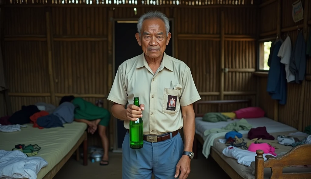 ((ultra-realistic photo)) [A 50-year-old Indonesian man with a stern, sharp gaze stands angrily in front of a simple bamboo-walled room. His expression is intense, his posture rigid, as he tightly grips a green bottle in his right hand. He has a stocky build, with visible signs of age such as white hair and a weathered face. He wears a worn-out shirt with faint stains and dirty blue jeans, adding to his rugged appearance. Behind him, the room is in disarray, with scattered clothes, personal items, and a messy bed. The walls are woven from bamboo, reflecting the modest and rustic nature of the space. The dim lighting of the room enhances the dramatic atmosphere, with shadows cast on the walls and floor. The composition is captured in a medium-wide shot, rendered in ((8K HDR)), with detailed focus on the man's angry expression, the green bottle, and the intricate textures of the bamboo walls and cluttered room.]