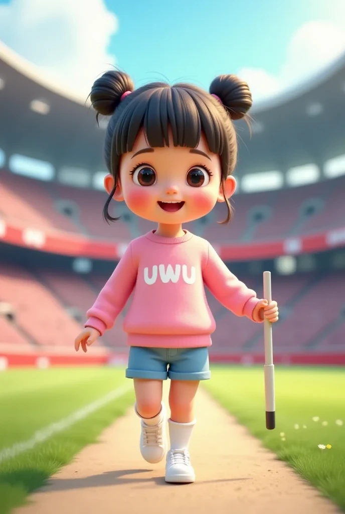 3D animation with pastel color palette, cute and adorable with her hair into two buns on top and bangs, beautiful cute girl, cheeks flushed, wearing pink sweater named 'uwu' written on, blue shorts, short socks, and white sneakers, walking while holding a selfie stick, long stick, iphone photo selfie of a girl, from above, fish eyes lens, perfect eyes