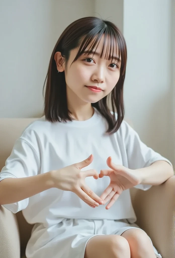  making a heart shape with both hands , close-up portrait , slender East Asian woman with bangs ,  bright and pure colors stand out 、 I'm wearing a striking white oversized t-shirt.  relax on the beige sofa 、 sitting in a playful pose Yes , Legs crossed slightly 、 is barefoot on the couch .  Her expression is soft and natural ,  creates a comfortable and calm atmosphere .  The composition is straight ahead ,  captures everything from the upper body to the feet . In the background、Natural light pours in through the window、 there is a softly lit room ,  emphasizes a quiet, minimal tone ,  the brightness of the white shirt catches my eye 