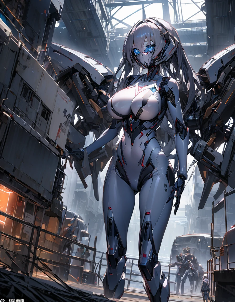 Pretty girl robot is alone、 female robotic face、Slender body、 navy blue、 Girl with a Machine's Articulated Structure、 Bodysuit 、Big Breasts、 Accurate Human Structure 、Inside an unmanned hangar