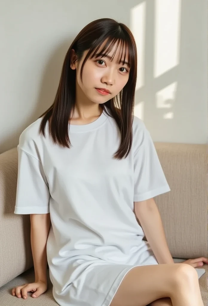  close-up portrait , slender East Asian woman with bangs ,  bright and pure colors stand out 、 I'm wearing a striking white oversized t-shirt.  relax on the beige sofa 、 sitting in a playful pose Yes , Legs crossed slightly 、 is barefoot on the couch .  Her expression is soft and natural ,  creates a comfortable and calm atmosphere .  The composition is straight ahead ,  captures everything from the upper body to the feet . In the background、Natural light pours in through the window、 there is a softly lit room ,  emphasizes a quiet, minimal tone ,  the brightness of the white shirt catches my eye 