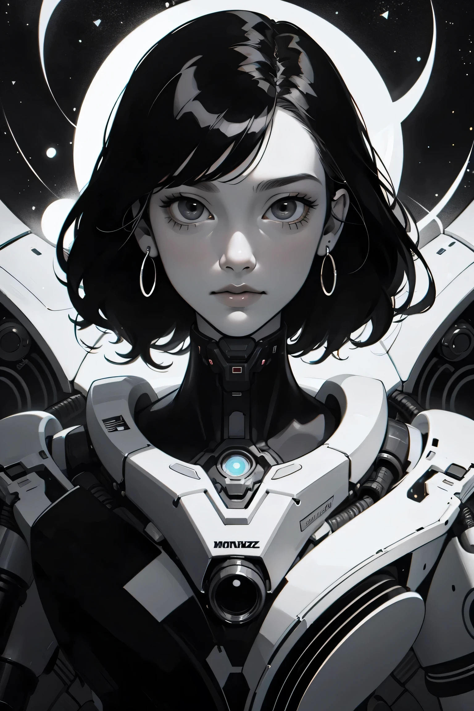 ((best quality)), ((masterpiece)), (detailed), perfect face of cyberpunk mecha japanese girl, shiny black eyes, shiny black body, shiny black hair, ((monochromatic black color palette)), surreal, art nouveau, in the illustrative style of moebius, spaceships, aliens, fantasy, sci-fi, graphic novel, line drawing, french retro, bizarre, gallery worthy, work of uncanny art,
