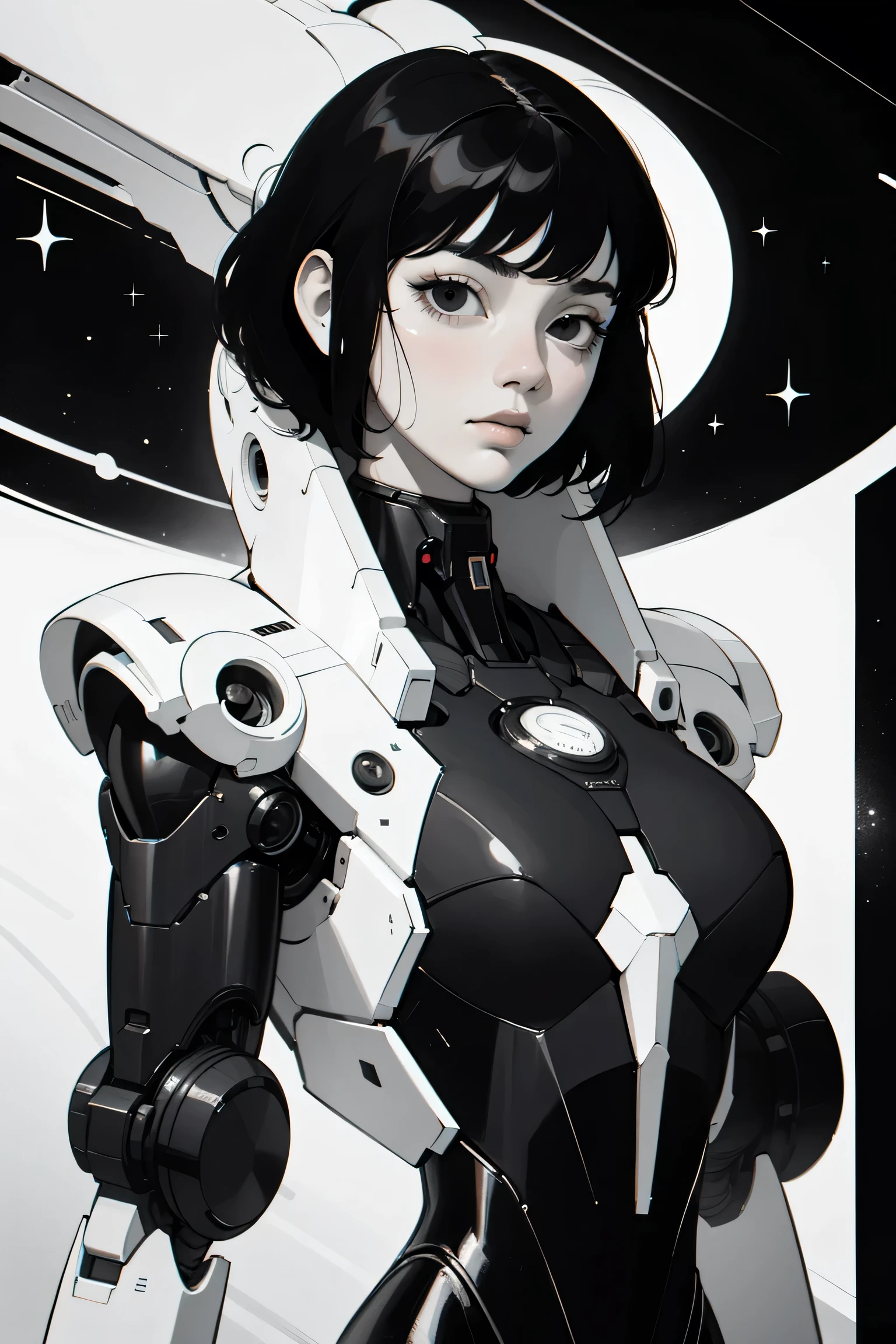 ((best quality)), ((masterpiece)), (detailed), perfect face of cyberpunk mecha japanese girl, shiny black eyes, shiny black body, shiny black hair, ((monochromatic black color palette)), surreal, art nouveau, in the illustrative style of moebius, spaceships, aliens, fantasy, sci-fi, graphic novel, line drawing, french retro, bizarre, gallery worthy, work of uncanny art,
