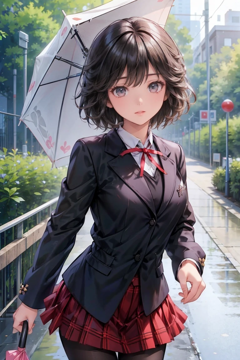 1girl, {{{5 head tall}}}, {{hdr}}, {{{masterpiece}}}, 4k, beautiful anime teen, {high resolution illustration}, {finely detailed beautiful eyes and detailed face}, (very detailed CG Unity 8k wallpaper), best quality, cinematic lighting, (photorealistic), Detailed, Ultra-Detailed, Digital Art, beautiful face, (bloom), detailed background, The girl has black short hair, ((brown eyes)), {{{formal school uniform; (red neck ribbon), (red plaid skirt), (black blazer), (see-through black pantyhose)}}}, blush, wet, pov, rainy, school gate, The viewer covers the girl with an umbrella