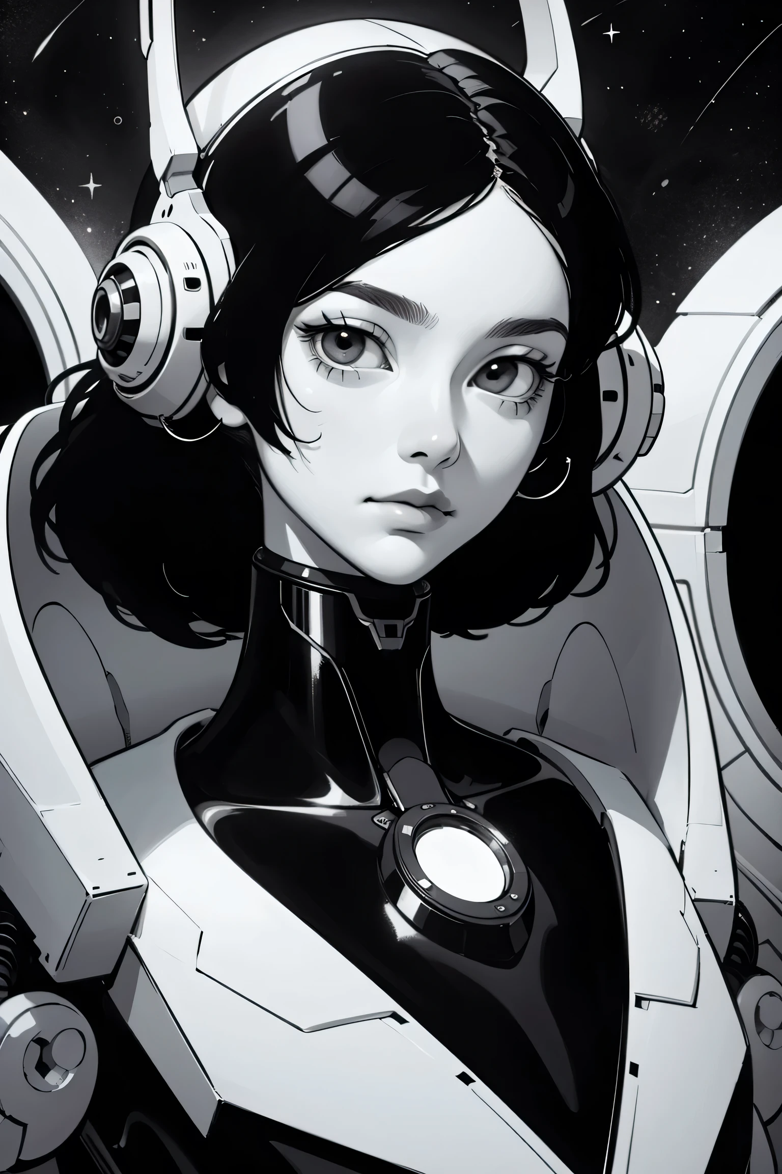 ((best quality)), ((masterpiece)), (detailed), perfect face of cyberpunk mecha japanese girl, shiny black eyes, shiny black body, shiny black hair, ((monochromatic black color palette)), surreal, art nouveau, in the illustrative style of moebius, spaceships, aliens, fantasy, sci-fi, graphic novel, line drawing, french retro, bizarre, gallery worthy, work of uncanny art,
