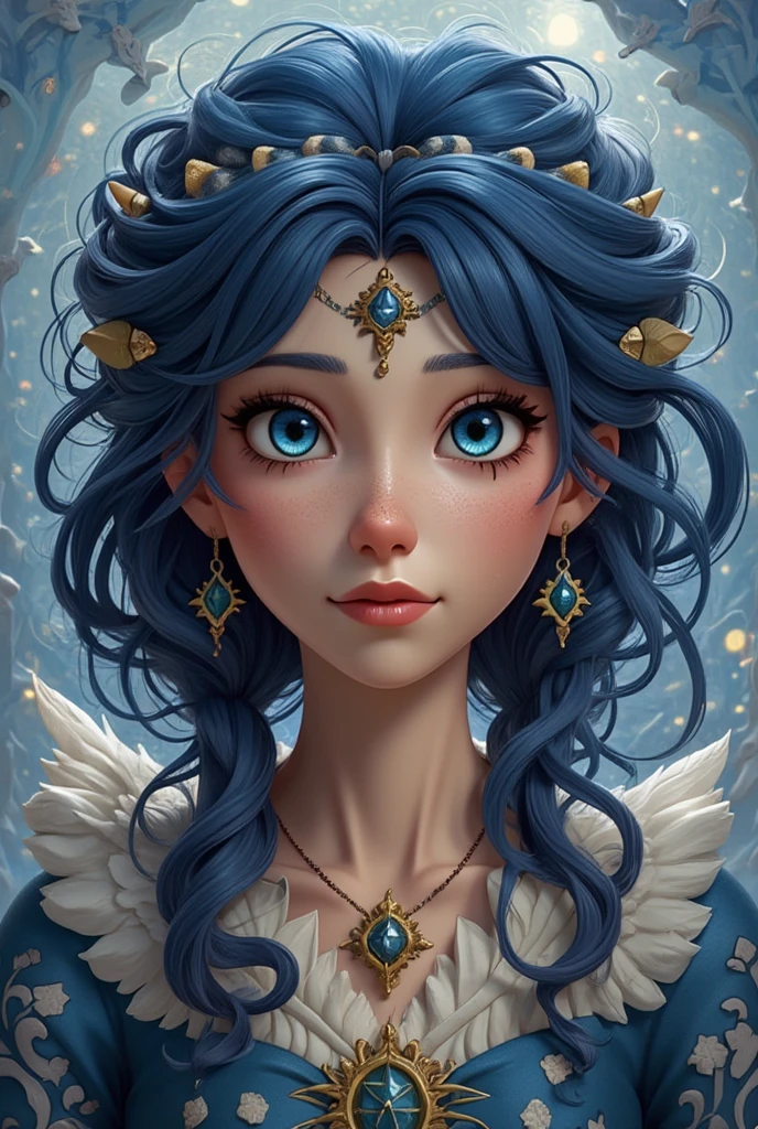 Yamantaka, jen bartel, Evil Hearted You, Lili Marleen 1970s ren, Heavenly, Portrait, Blue Hair, D&D, sci-fi, fantasy, intricate, elegant, highly detailed, digital painting, artstation, concept art, matte, sharp focus, illustration, art by Artgerm and Greg Rutkowski and Alphonse Mucha