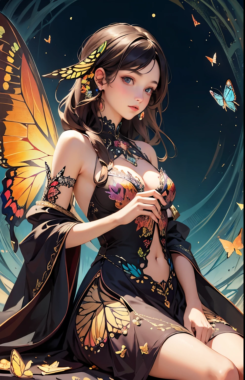 (NSFW, masterpiece, top quality, best quality, official art, beautiful and aesthetic:1.2), (1girl:1.3), extremely detailed,(fractal art:1.2),colorful,highest detailed,(zentangle:1.2), (dynamic pose), (abstract background:1.5), (transparent see-through dress:1.5), (transparent:1.5), (shiny skin), (many colors:1.4), upper body, perfect body, boobs, cametoe, accurate hands