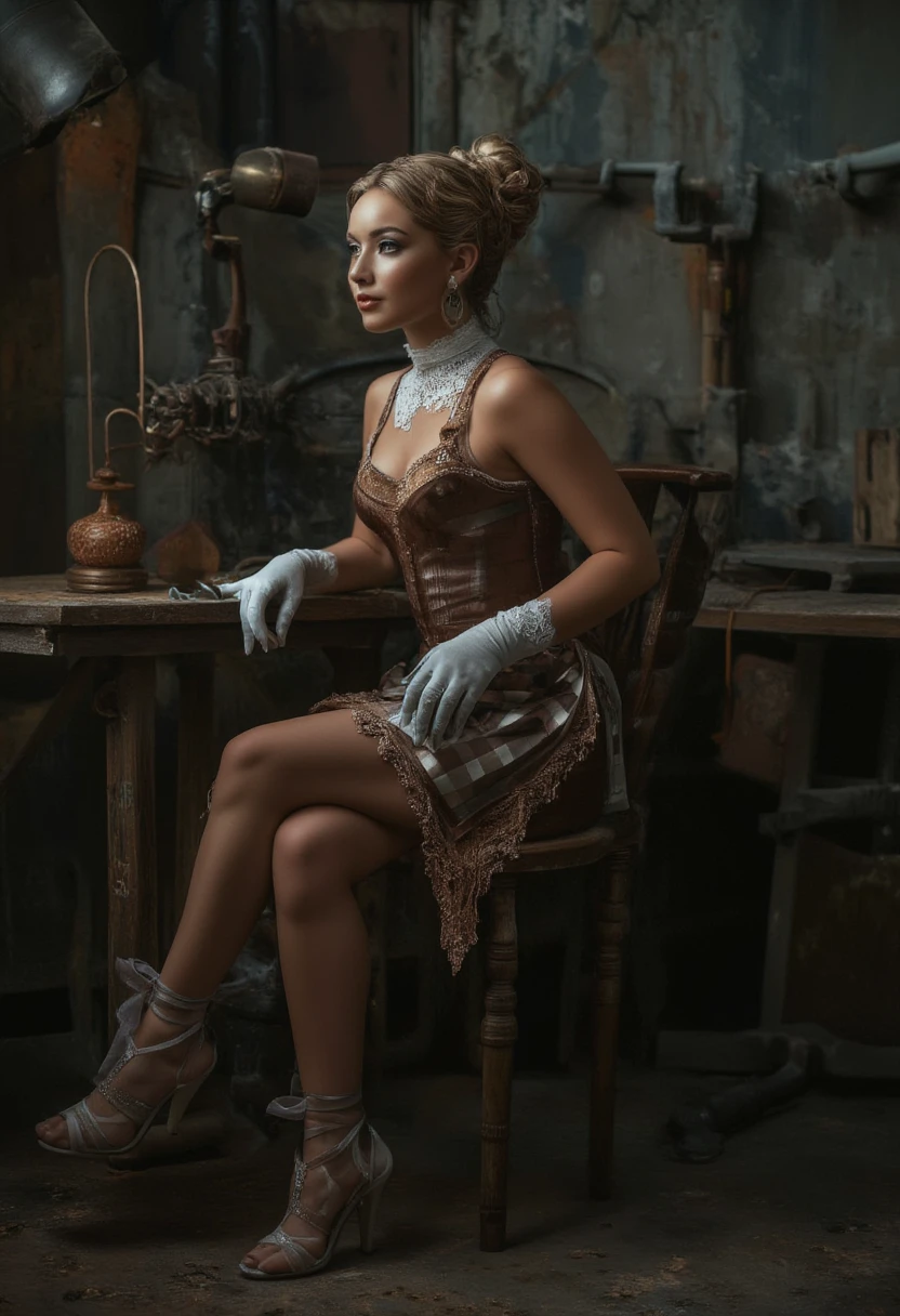 This is a highly detailed, high-fashion photograph featuring a woman seated at a table in what appears to be a vintage, rustic workshop or studio. The woman, dressed in a vintage-inspired outfit, sits in a wooden chair with a checkered apron, a brown corset, and white lace gloves. She has a slender physique and is dressed in a mix of Victorian and 1920s attire, including a white lace collar and high-heeled shoes adorned with satin ribbons.