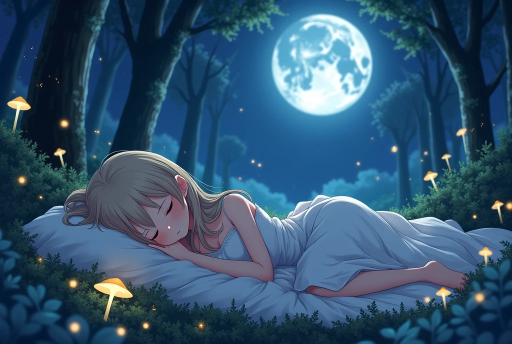 anime Illustration of a naked anime woman with blonde hair sleeping alone in an endless flower fields at night, exposed private parts, protruding buttocks, limp.