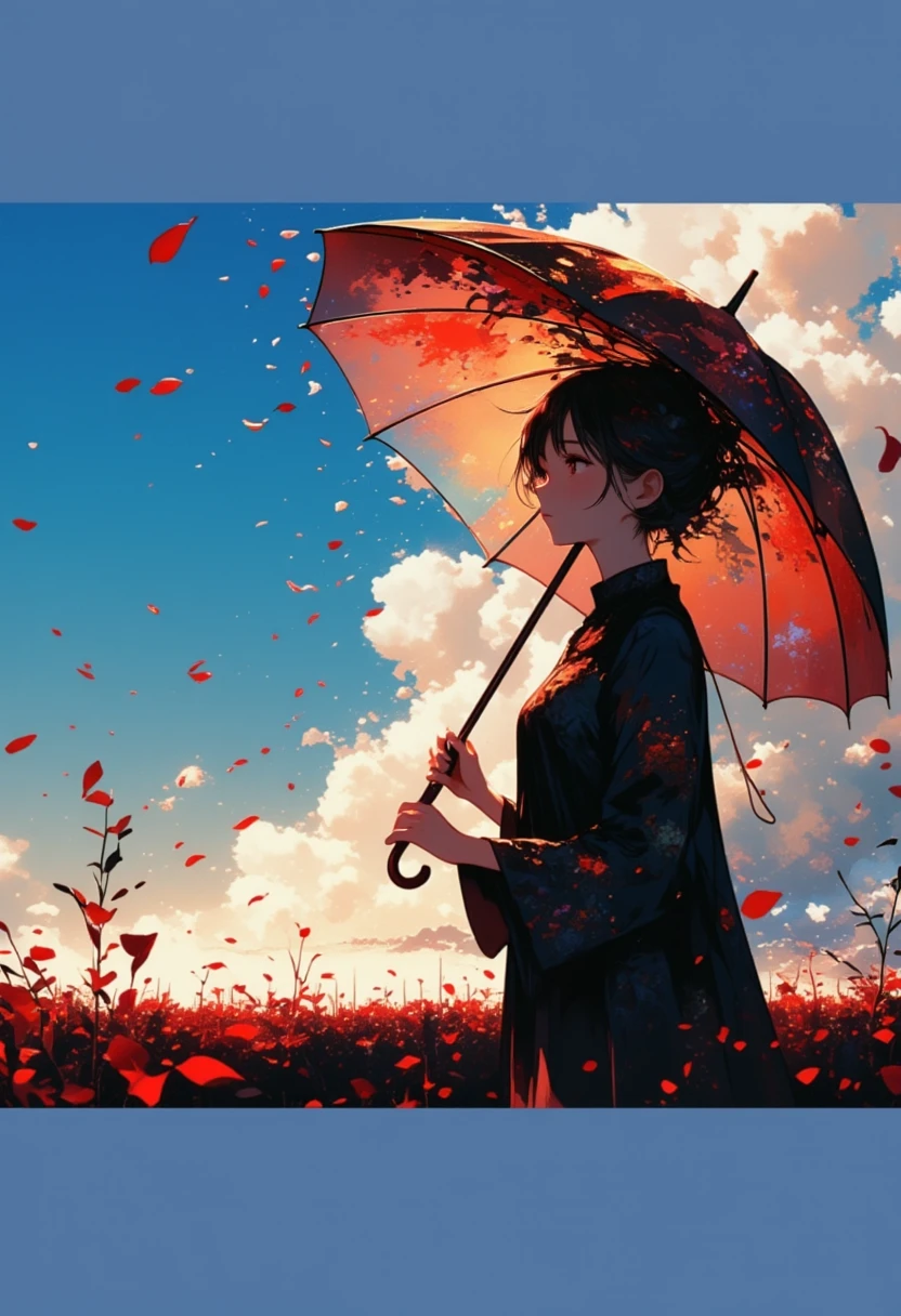 
1girl\(holding umbrella\(transparent,mass amount of petals decorate umbrella\)\), mass amount of petals filling in the air. petals cover ground. minimalism, simplism