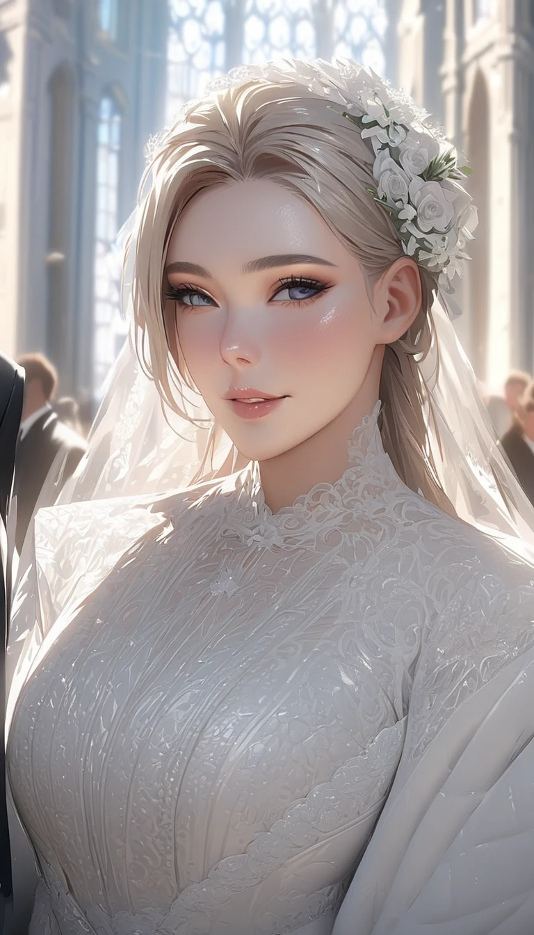((Masterpiece, Highest quality)), Detailed face, CharacterDesignSheet,full bodyesbian, perfectly proportions,Full of details, Multiple poses and expressions, Highly detailed, Depth, a beauty girl,wedding gown,lacepantyhose,estilo fantasia,Extremely beautiful,High Balance, Natural light,Star decoration