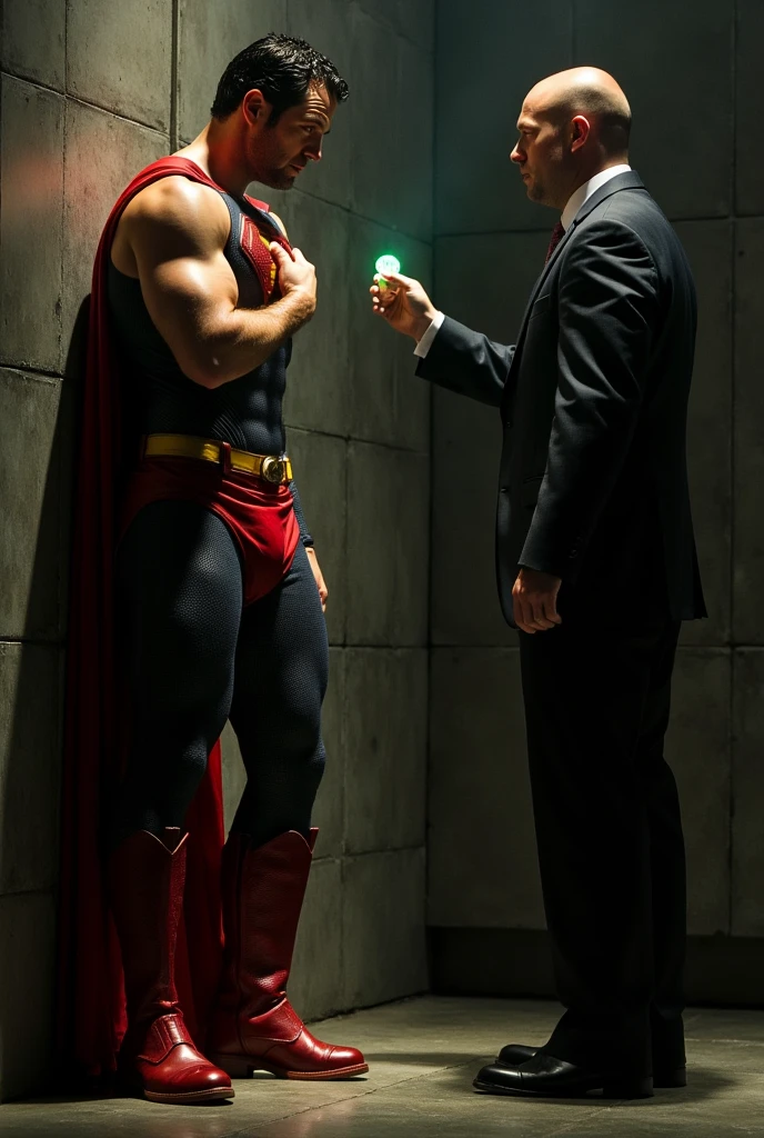 A muscular attractive h3nr4 ,  Henry Cavil with Short stubble , strong physique, muscular thighs,  dressed in a Superman costume ,  yellow belt and red boots ,  with his head tilted slightly upwards and his eyes closed, one hand on chest,  is immobilized against a wall ,  with a painful expression . A bald man,  dressed in a dark suit , Hold in your right hand a small bright green crystal . Intense lighting highlights the superhero from the right . 