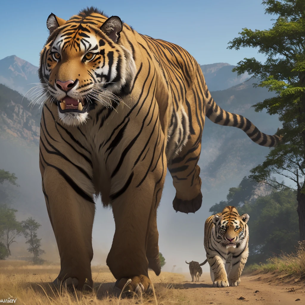 araffe walking in a field with a long tusk, sabertooth cat, smilodon, realistic photography paleoart, sabertooth, realistic paleoart, tiger_beast, paleoart, by Adam Marczyński, by Alexander Kucharsky, mammoth, extinct species, surreal hybrid animals, dramatic cinematic detailed fur, amazing wallpaper