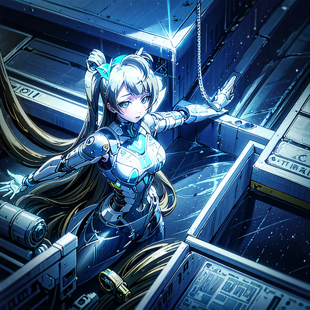 Top quality. High quality. Modification surgery. Lying on her back on the operating table. Kotori Minami being made into a cyborg with a machine body. Blue and white precision machine body. Her whole body is visible. Image from above.