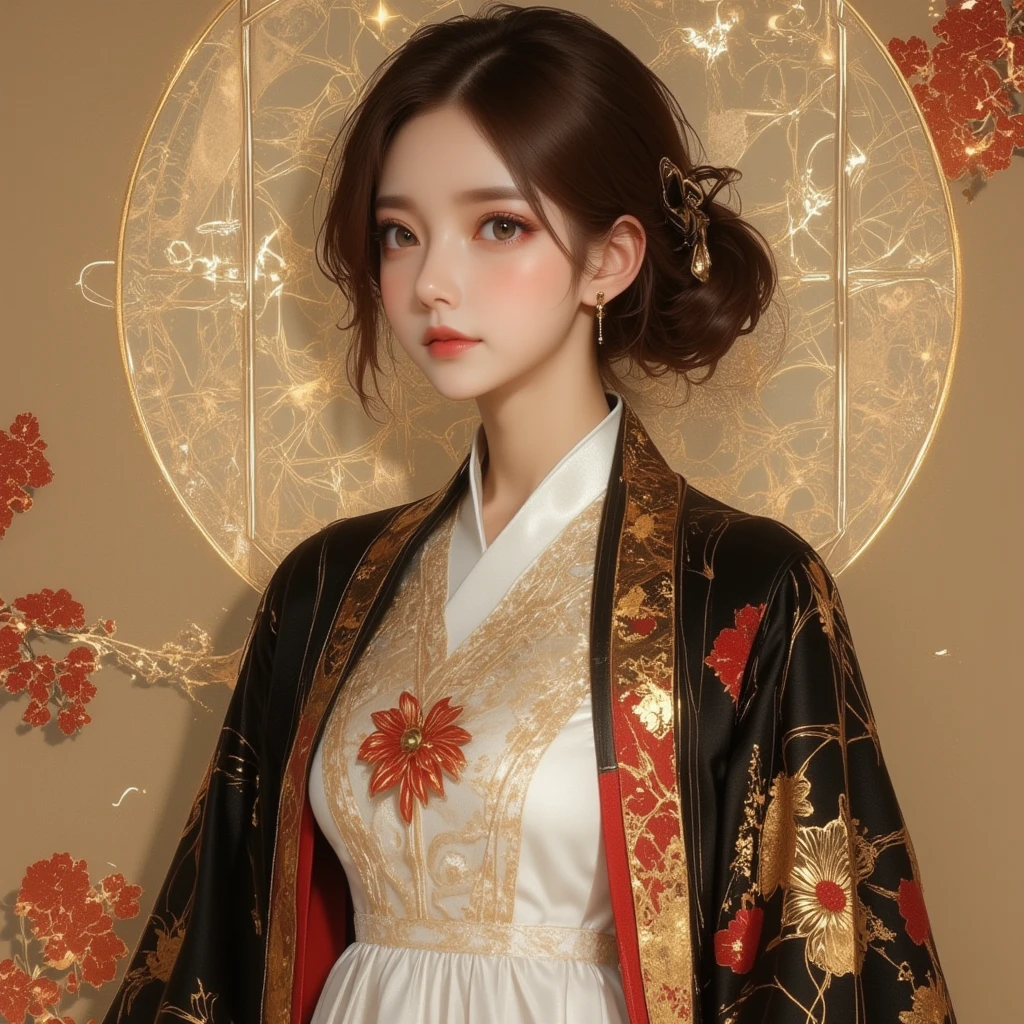 A highly detailed and realistic portrait of an East Asian woman wearing a stunning traditional Japanese-inspired robe. The outfit features a white base layer with a flowing design, layered with an ornate black and gold uchikake robe. The robe is intricately decorated with golden floral patterns, exuding a sense of elegance and regality. Her sleeves are accented with striking red and gold details, creating a harmonious yet exotic color palette. The woman stands gracefully, her expression calm and serene, with subtle makeup emphasizing her delicate features. Her hair is styled in an elaborate traditional updo, adorned with golden hairpins that reflect the ambient light.

The background is textured and reminiscent of traditional Japanese art, featuring muted earth tones and abstract circular patterns, adding depth and a nostalgic atmosphere. Soft, diffused lighting highlights the intricate details of her attire and the textures of the background, creating a balanced composition that feels both timeless and enchanting. The overall scene captures the essence of cultural sophistication and artistic beauty