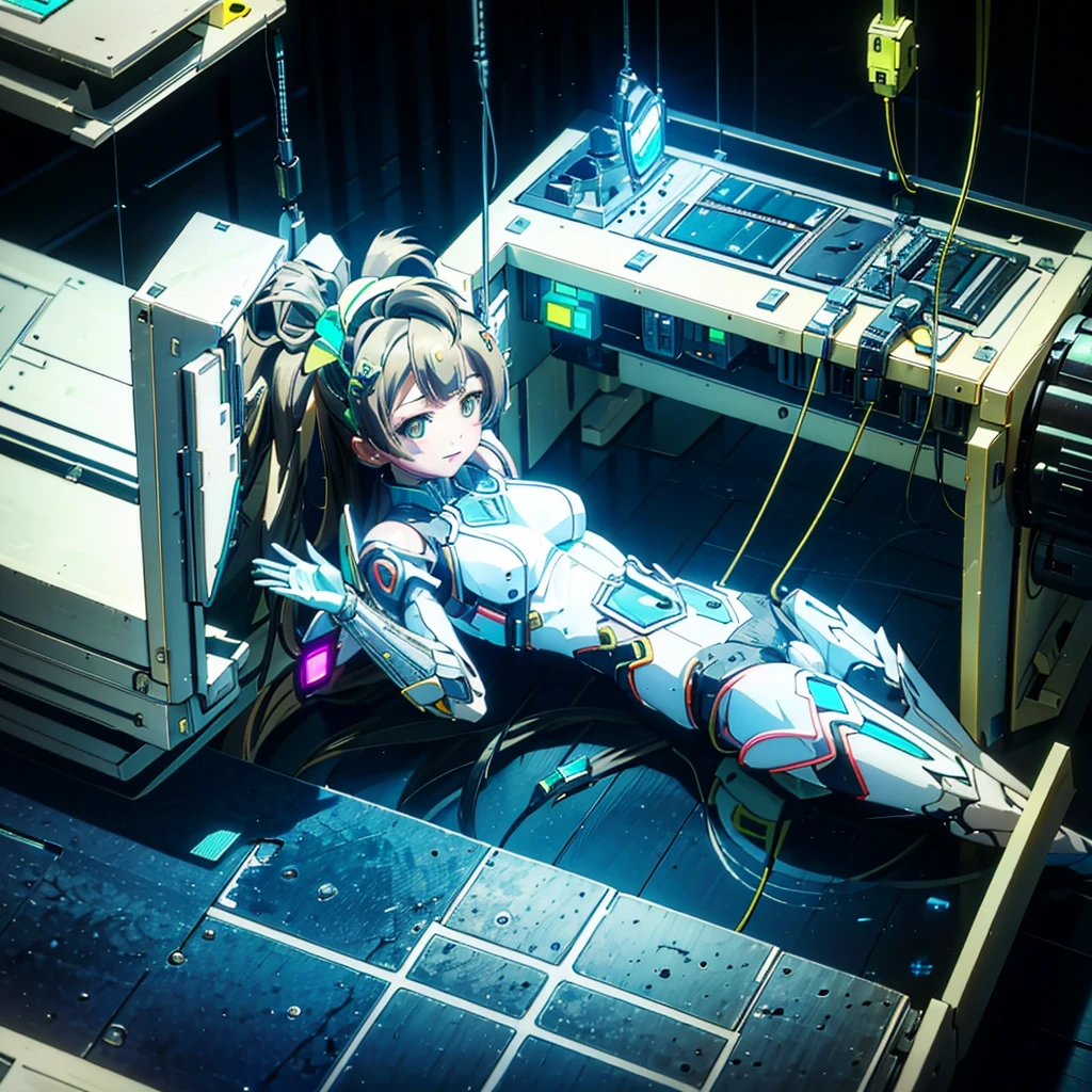 Top quality. High quality. Modification surgery. Lying on her back on the operating table. Kotori Minami being made into a cyborg with a machine body. Blue and white precision machine body. Her whole body is visible. Image from above.