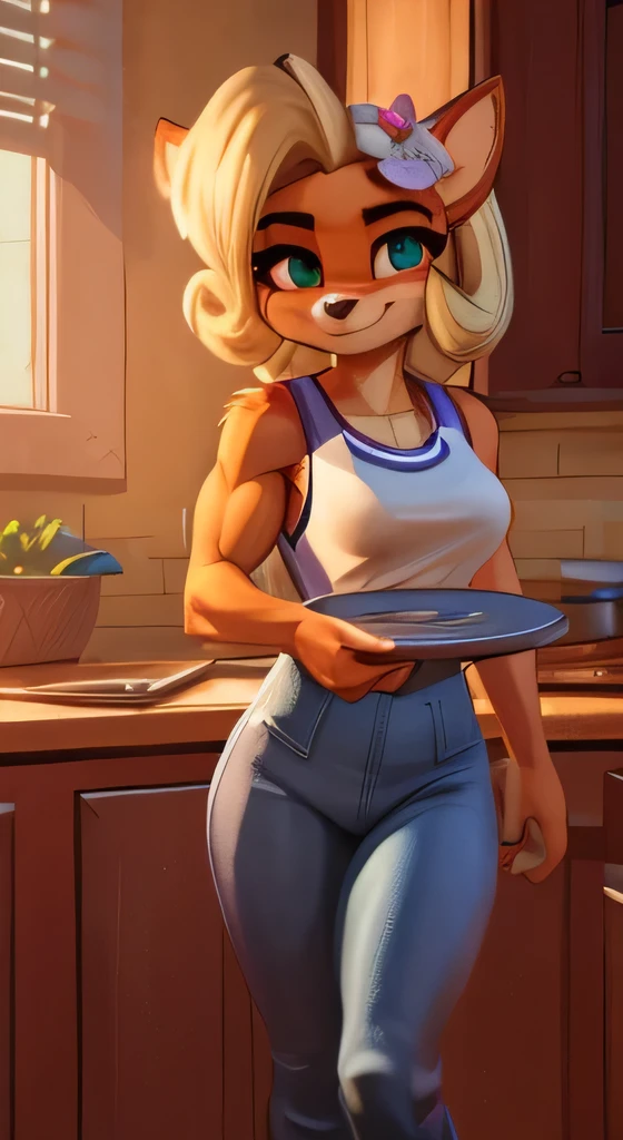 best quality, masterpiece, solo, 1girl, originaltawna, wearing nothing but red cooking apron, big breast, standing, kitchen, smile, hands behind back, leaning forward
