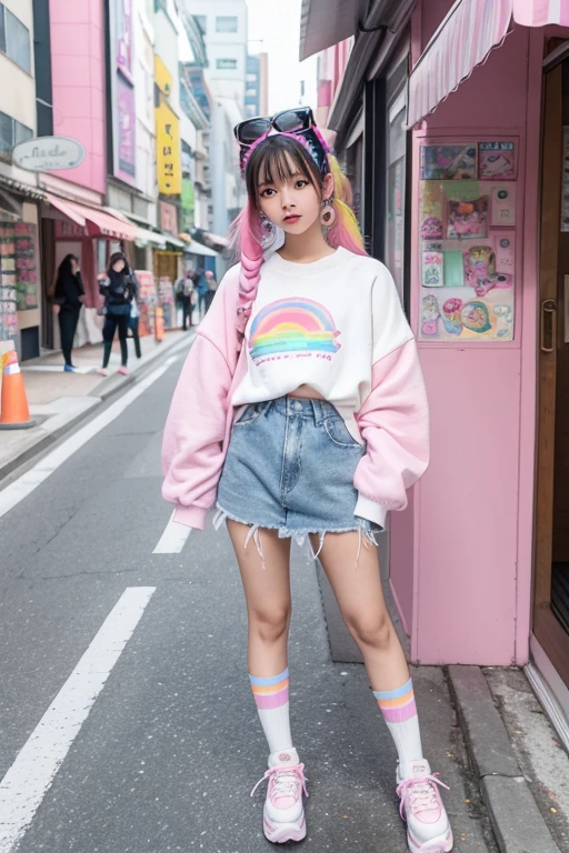 Masterpiece, Asian teen woman inspired by Harajuku Street fashion, wearing a pastel oversized sweater, rainbow-striped knee-high socks, platform sneakers, accessorized with fluffy hair clips and a mini backpack, standing in front of a colorful candy shop, vibrant and cheerful, high-fashion magazine aesthetic, ultra-HD details, 8K resolution.