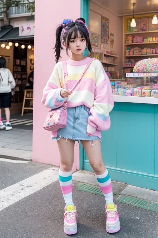 Masterpiece, Asian teen woman inspired by Harajuku Street fashion, wearing a pastel oversized sweater, rainbow-striped knee-high socks, platform sneakers, accessorized with fluffy hair clips and a mini backpack, standing in front of a colorful candy shop, vibrant and cheerful, high-fashion magazine aesthetic, ultra-HD details, 8K resolution.