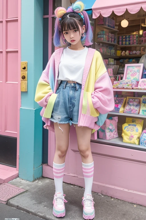 Masterpiece, Asian teen woman inspired by Harajuku Street fashion, wearing a pastel oversized sweater, rainbow-striped knee-high socks, platform sneakers, accessorized with fluffy hair clips and a mini backpack, standing in front of a colorful candy shop, vibrant and cheerful, high-fashion magazine aesthetic, ultra-HD details, 8K resolution.