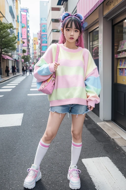 Masterpiece, Asian teen woman inspired by Harajuku Street fashion, wearing a pastel oversized sweater, rainbow-striped knee-high socks, platform sneakers, accessorized with fluffy hair clips and a mini backpack, standing in front of a colorful candy shop, vibrant and cheerful, high-fashion magazine aesthetic, ultra-HD details, 8K resolution.