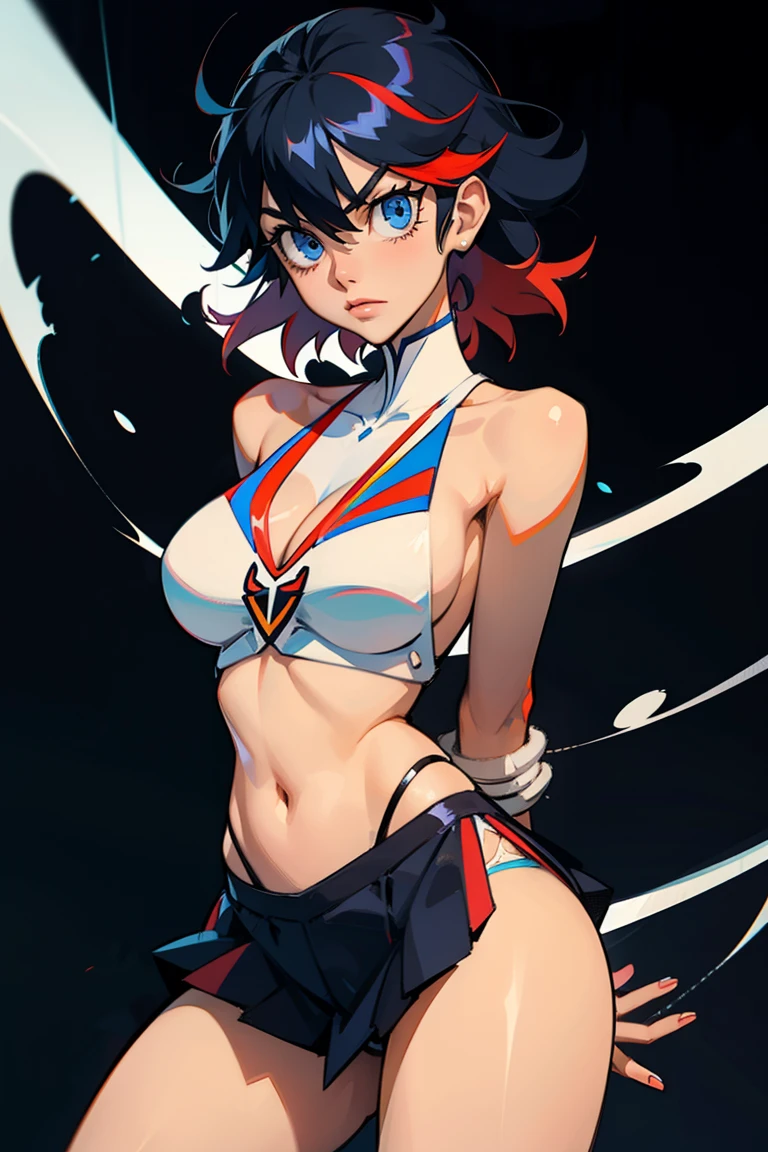 Ryuko Matoi from Kill La Kill, big breasts, blue-black hair, red highlights, blue eyes, tight tube top, panties, arms behind back, shiny skin, black background, looking at viewer, 