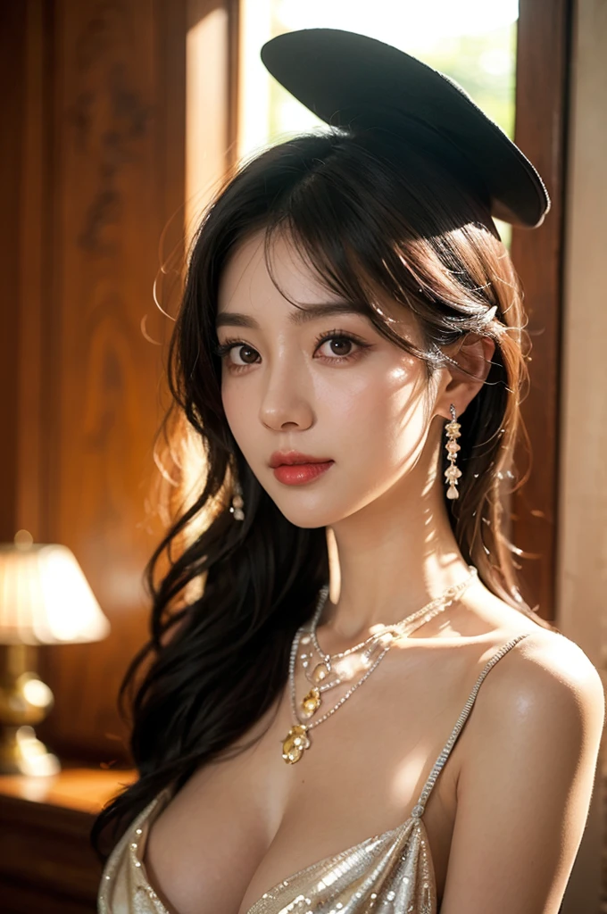 (((best quality))),(((ultra detailed))),(((masterpiece))),illustration,1girl,glamorous,strapless black bra,(gigantic breasts:1.5),seductive,alluring,curves,delicate shoulders,bright eyes,almond-shaped,enchanting gaze,deep red lips,matching nail color,sparkling earrings,dangle,delicate necklace,shimmering pendant,casino,dimly lit,mystery,excitement,smell of cigarettes,perfume,faint scent of money,expensive paintings,intricate patterns,wealth,rich red carpet,Gambling table, gambling tools,cards,dice,small stool,slot machine,bright lights,melodic sounds,confidence,sexuality,center of attention,object of desire,mystery,atmosphere,captivating,intriguing,hidden world,excitement,danger,seduction,standing,from front,close-up of face