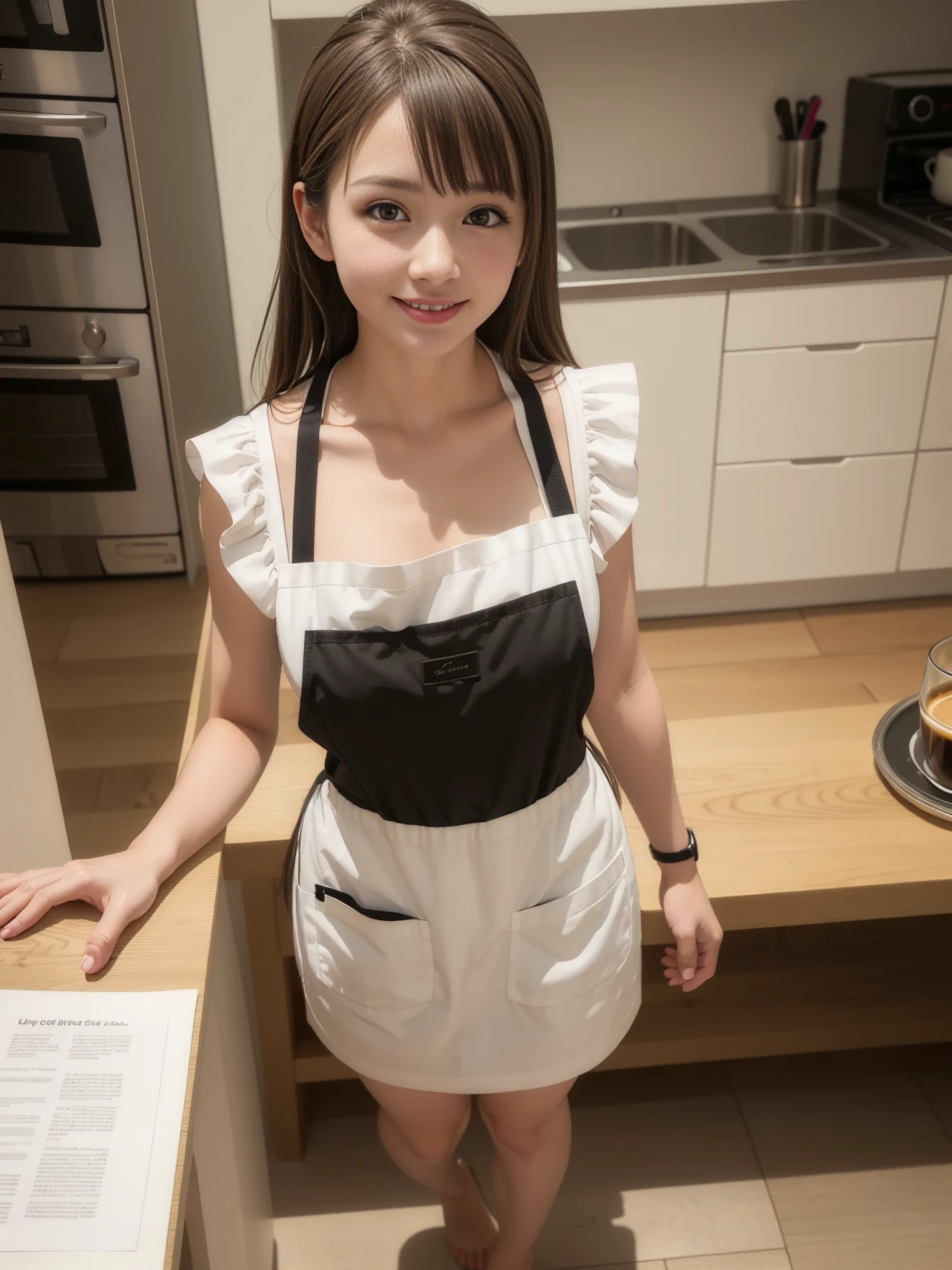 In 8K,highest quality:1.4, ultra high resolution:1.5, (realistic:1.4),masterpiece:1.2,(highest quality:1.4)、 RAW photo、 １japanese girl、 cute、medium breasts:1.5、 (alone:1.8)、kitchen、 (shy smile:1.3), smooth skin、30 years old:1.5、beautiful black eyes、natural skin texture:1.3, Realistic eye and face details:1.8、 (brown medium hair,bangs), (touch hair:1.4)、Nogizaka、cute colorful apron、cafe clerk、supple fingertips、beautiful black eyes、natural skin texture:1.3, Realistic eye and face details:1.7、look at the audience、full body shot:1.8、beautiful feet、gravure、attractive girl、thighs thighs、Are standing、coffee