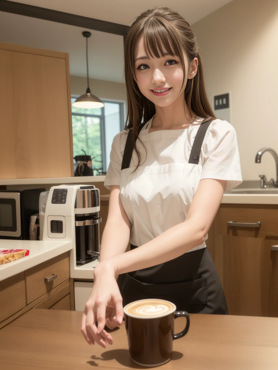 In 8K,highest quality:1.4, ultra high resolution:1.5, (realistic:1.4),masterpiece:1.2,(highest quality:1.4)、 RAW photo、 １japanese girl、 cute、medium breasts:1.5、 (alone:1.8)、kitchen、 (shy smile:1.3), smooth skin、30 years old:1.5、beautiful black eyes、natural skin texture:1.3, Realistic eye and face details:1.8、 (brown medium hair,bangs), (touch hair:1.4)、Nogizaka、cute colorful apron、cafe clerk、supple fingertips、beautiful black eyes、natural skin texture:1.3, Realistic eye and face details:1.7、look at the audience、full body shot:1.8、beautiful feet、gravure、attractive girl、thighs thighs、Are standing、coffee