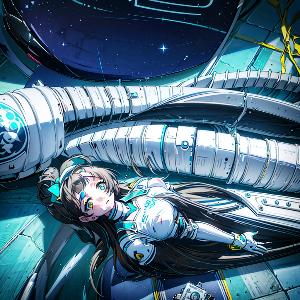 Top quality. High quality. Modification surgery. Lying on her back on the operating table. Kotori Minami being made into a cyborg with a machine body. Blue and white precision machine body. Her whole body is visible. Image from above.