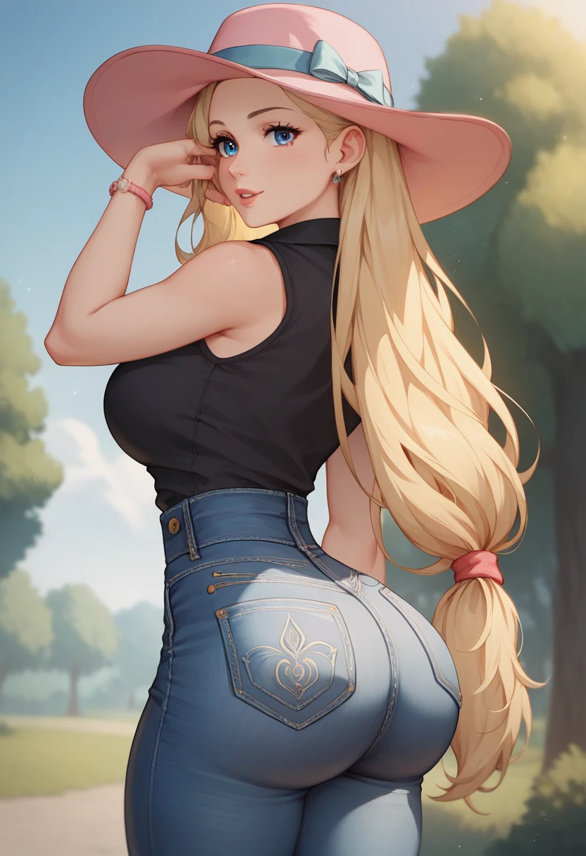 (masterpiece, best quality), 1girl, pkmnserena, 1girl, solo, blue eyes, blonde hair, long hair, low-tied long hair, hat, pink headwear, denim, black shirt, collared shirt, sleeveless, high-waist jeans, huge ass, big sexy butt, showing buttocks
