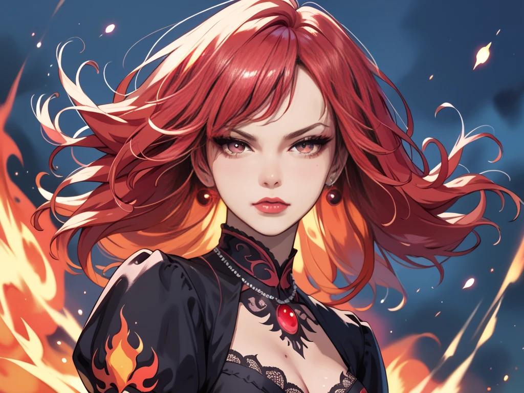 (((Portrait Photo))), She has a Fierce, Determined Appearance of a 17-Year-Old, with a Slim yet Strong Build, Exuding Confidence and Power. Her Long, Flowing Red Hair, Styled in Loose Waves, Cascades Down Her Back, Framing Her Face with Intense Energy. Her Piercing Orange Eyes, Glowing Like Embers, Radiate a Resolute and Commanding Presence. She Wears a High-waisted Paper Bag Shorts with a Tucked-in Tank Top, Accessorized with a Wide Belt, and a Pendant Necklace. (((High Quality, Dark Background))), (((Portrait Photo)))