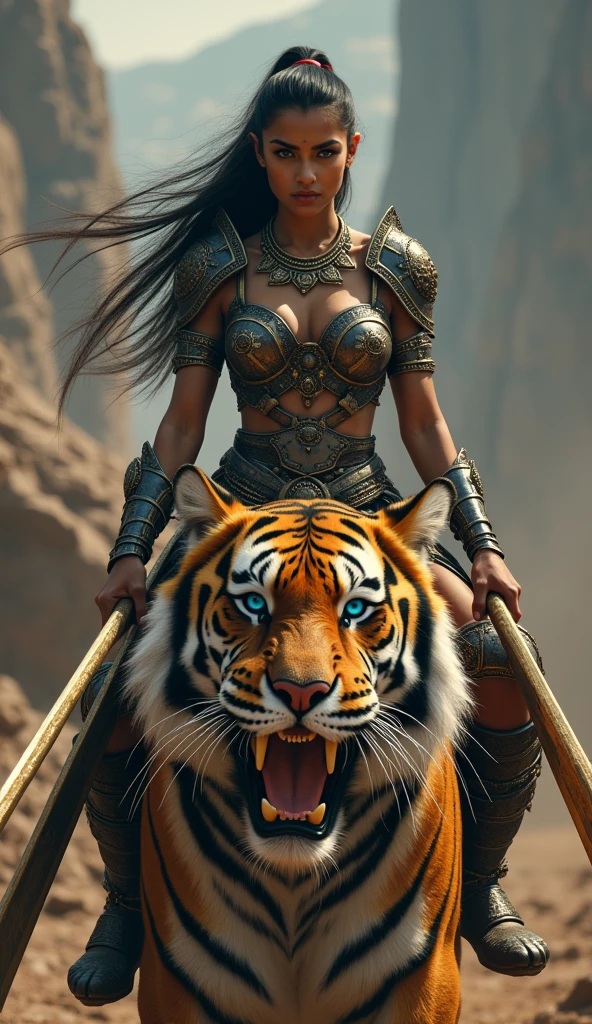Create a detailed scene of a feline humanoid warrior riding a  armored war tiger reminiscent of Battle Cat from He-Man. The feline humanoid has sleek, muscular features with white and black-striped fur, and is adorned with tribal jewelry and battle gear. The war tiger is covered in ornate, emerald green and gold armor, with sharp claws and glowing eyes, exuding a powerful and fierce presence. The background is a dramatic battlefield with distant mountains and dark stormy skies, adding an epic atmosphere to the scene.