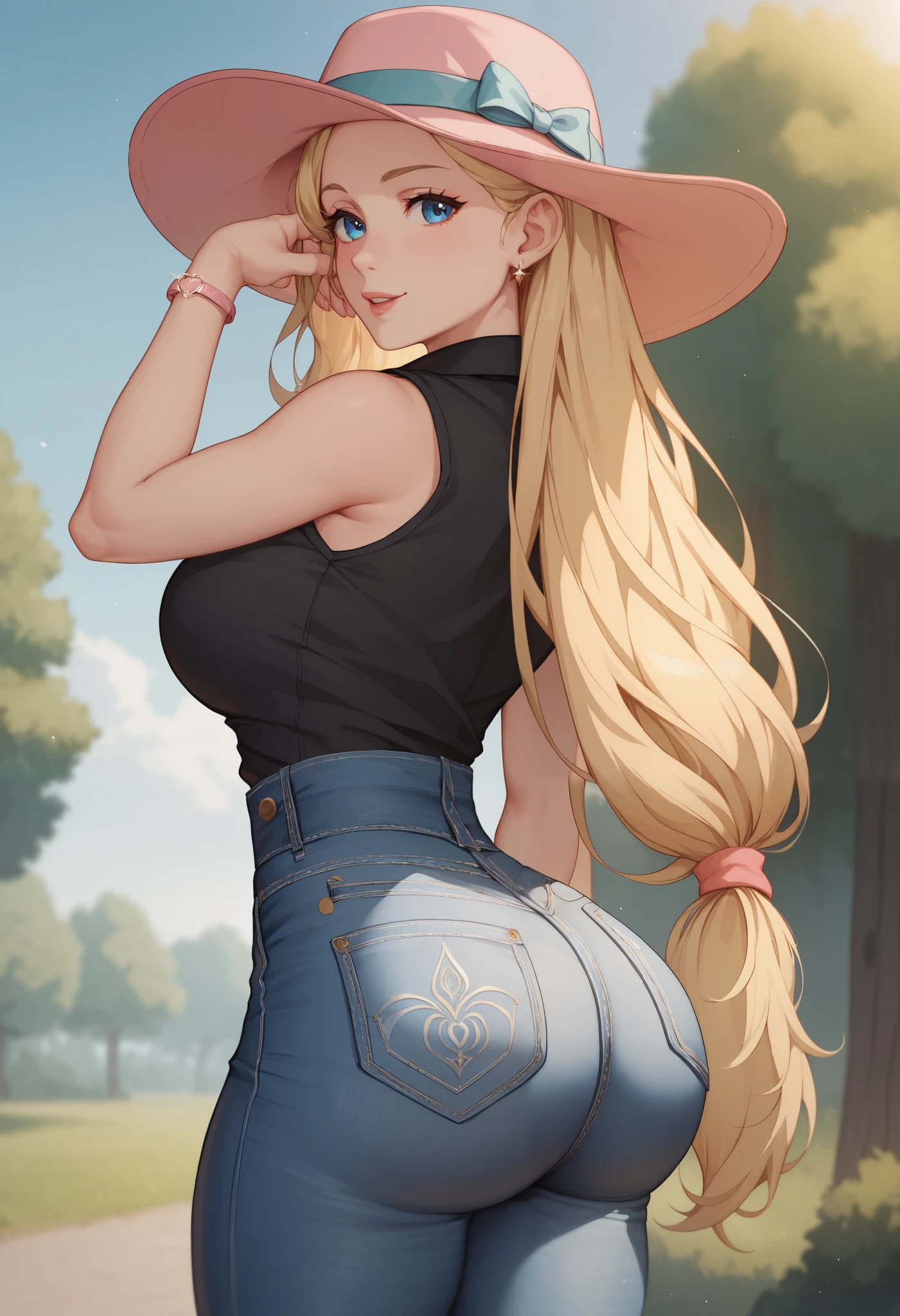 (masterpiece, best quality), 1girl, pkmnserena, 1girl, solo, blue eyes, blonde hair, long hair, low-tied long hair, hat, pink headwear, denim, black shirt, collared shirt, sleeveless, high-waist jeans, huge ass, big sexy butt, showing buttocks
