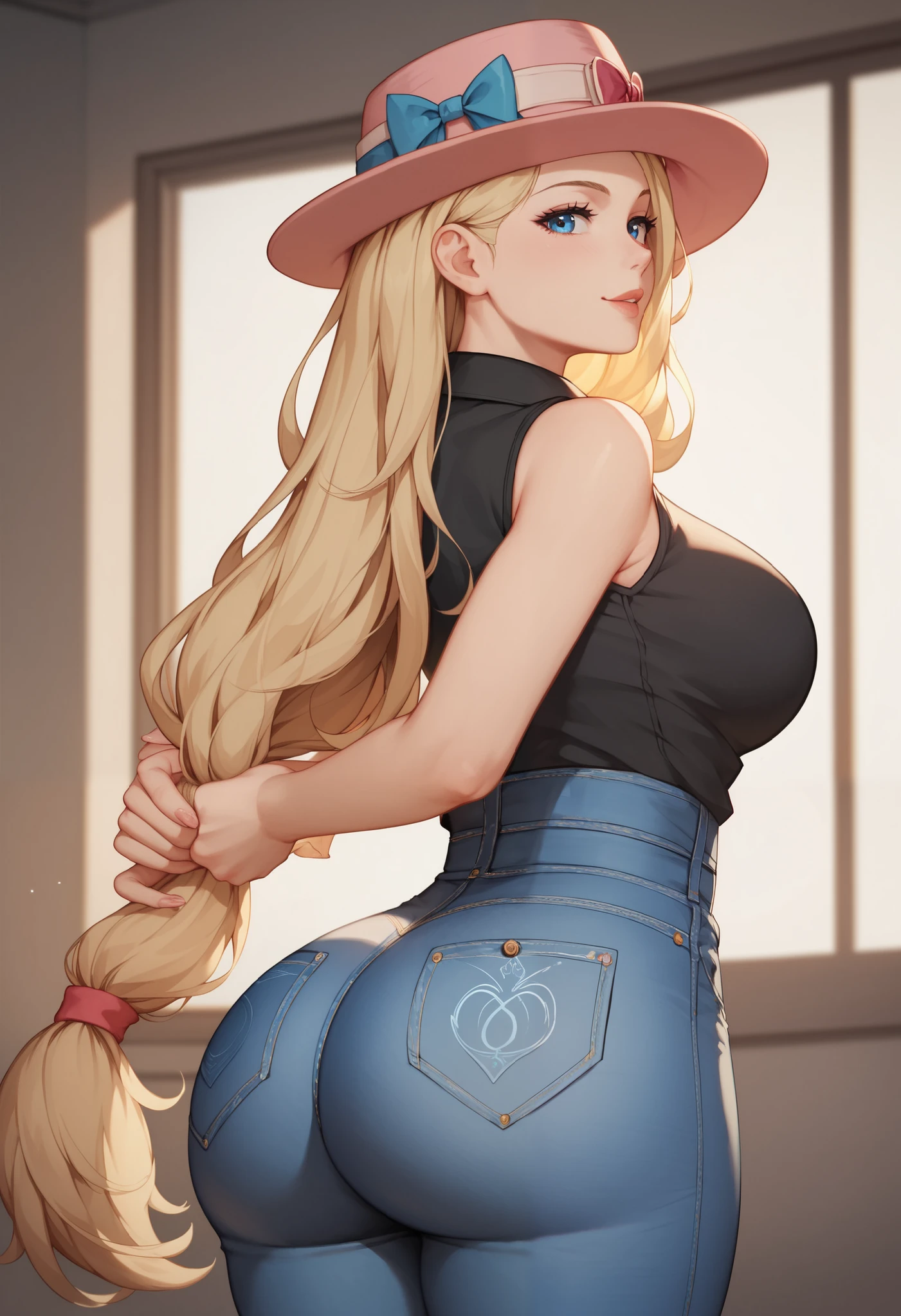 (masterpiece, best quality), 1girl, pkmnserena, 1girl, solo, blue eyes, blonde hair, long hair, low-tied long hair, hat, pink headwear, denim, black shirt, collared shirt, sleeveless, high-waist jeans, huge ass, big sexy butt, showing buttocks
