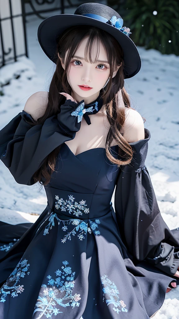      unique  ，     brown hair       ,    pale   ,  Butterfly,    with sapphire eyes     ,  Butterfly装饰 Miss，  black gloves  ， Decorated with dark blue snowflakes and a large     {Ten个}   装饰 Miss，Snowflake decoration，Ice and Snow Impact  ，  top adorned with dark blue flowers and width  {Ten}  Wearing a Blue Dress， with black decoration    ,     一位身穿低胸衣的Miss     , Blue Ribbon,    Miss，，  top adorned with dark blue flowers and width    , Long gown，Wide-brimmed hat  ，