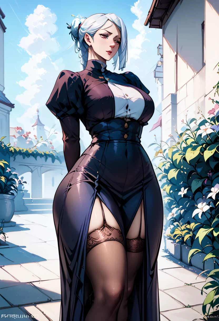 Mei Mei from the anime jujutsu kaisen, big breasts, big butt, standing in a garden, long white hair, plaited hair covering the left part of her face, front view, garter belt and stockings, long skirt slit on both sides showing her thighs, hands behind her back